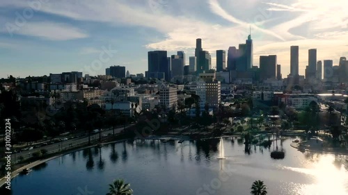 Stunning Aerial View of MacArthur Park and downtown Los Angeles, cinematic timelapse