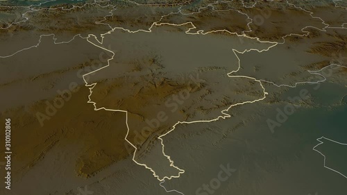 M'Sila, province with its capital, zoomed and extruded on the relief map of Algeria in the conformal Stereographic projection. Animation 3D photo