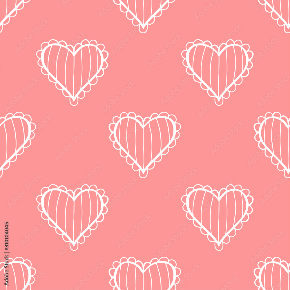 Seamless pattern with hearts hand-drawn style red coral.