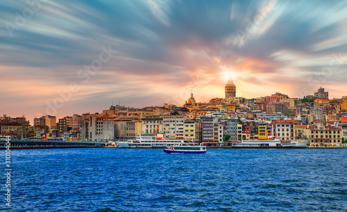 Canvas Print Galata Tower, Galata Bridge, Karakoy district and Golden Horn at dusk istanbul -