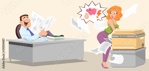 Man in office is watching a sexy girl. Workplace scene.
