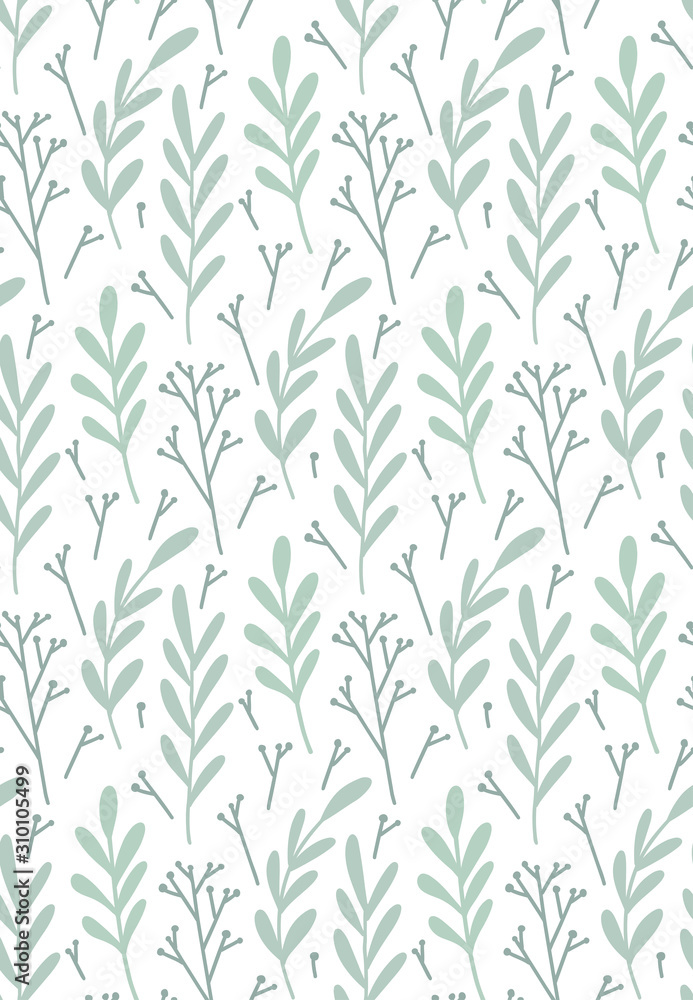 Seamless flat hand drawn pattern with branches, leaves and sticks on a white background. Vector rustic texture for wallpaper, fabrics and your creativity.