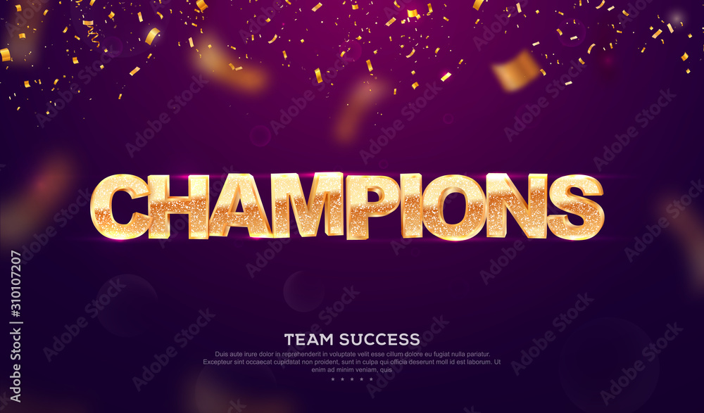 3d golden glitter word champions vector illustration. Winning celebration web banner. Championship cup win sign template on dark background