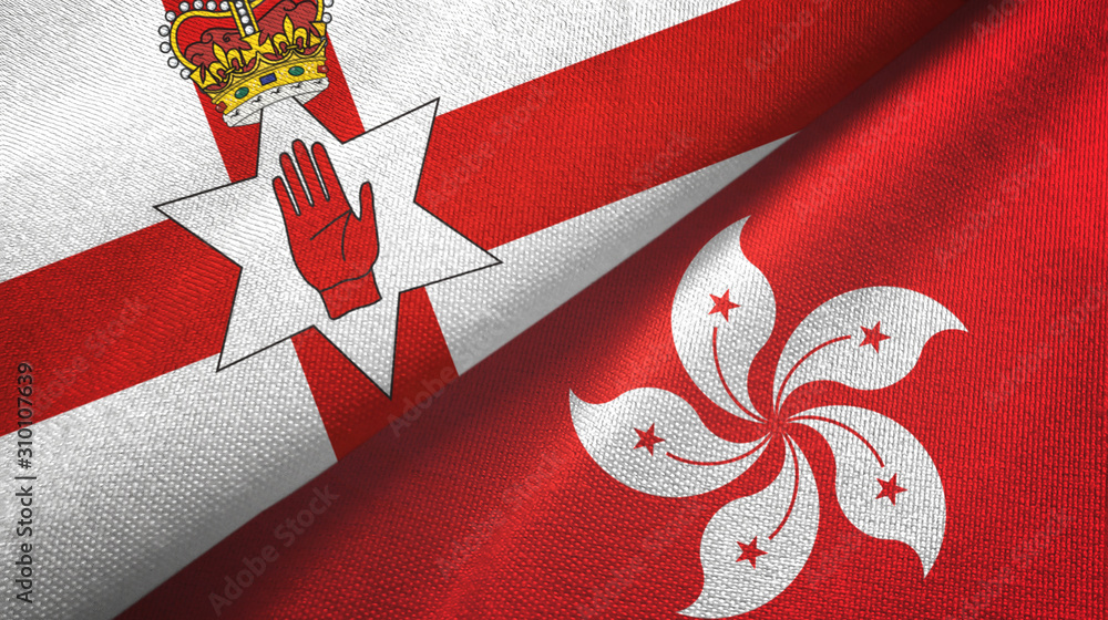 Naklejka premium Northern Ireland and Hong Kong two flags textile cloth, fabric texture