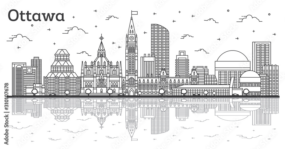 Outline Ottawa Canada City Skyline with Modern Buildings and Reflections Isolated on White.