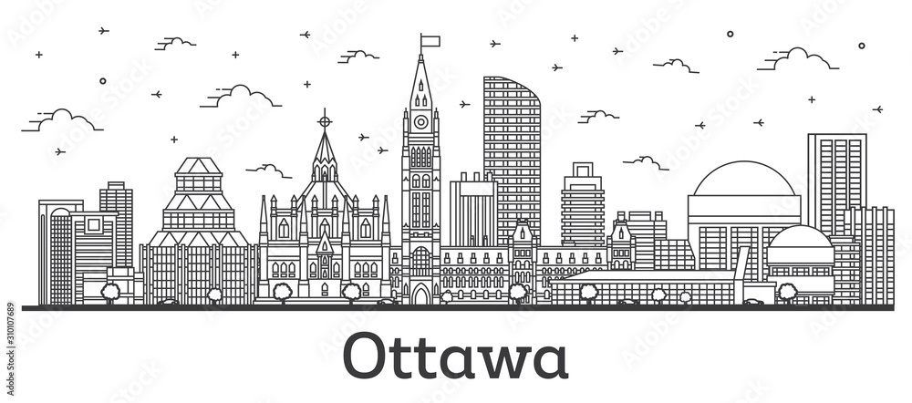 Outline Ottawa Canada City Skyline with Modern Buildings Isolated on White. Vector Illustration. Ottawa Cityscape with Landmarks. 