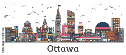 Outline Ottawa Canada City Skyline with Color Buildings Isolated on White.