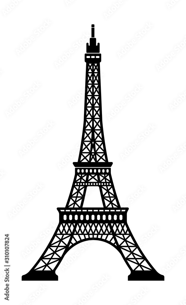 Eiffel tower - France , Paris / World famous buildings monochrome vector illustration.