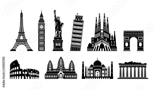 Photo World famous buildings monochrome vector illustration set ( world heritage ) / Statue of liberty, Eiffel tower etc