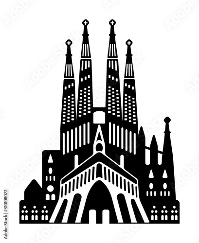Sagrada Familia - Spain / World famous buildings monochrome vector illustration.