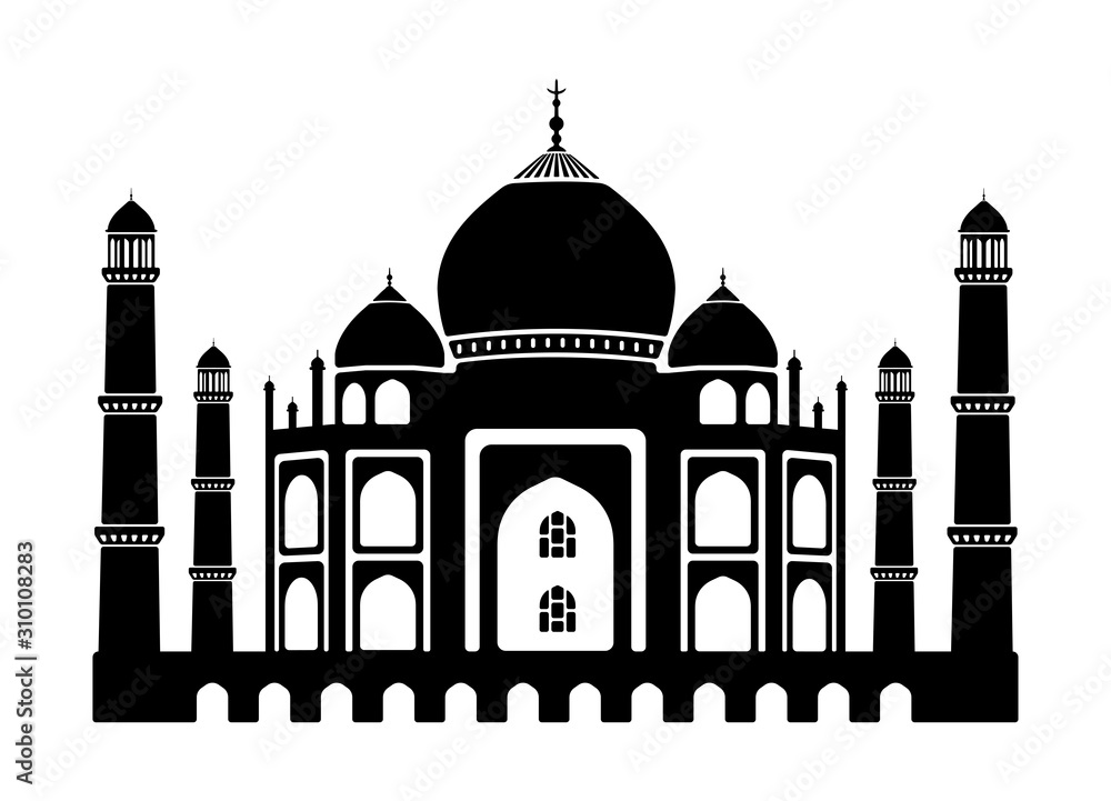 Taj Mahal - India / World famous buildings monochrome vector illustration.
