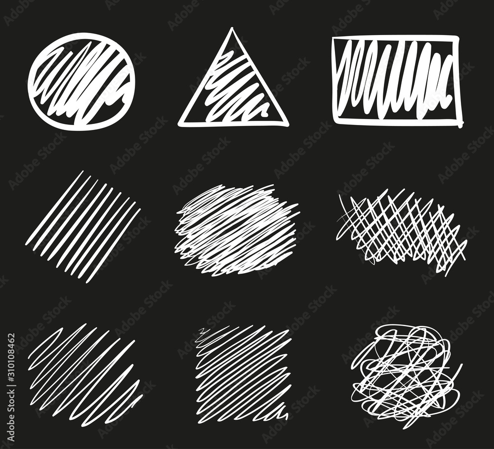 Hand drawn abstract geometric shapes on black. Grungy backgrounds with array of lines. Stroke chaotic patterns. Black and white illustration. Sketchy elements for design