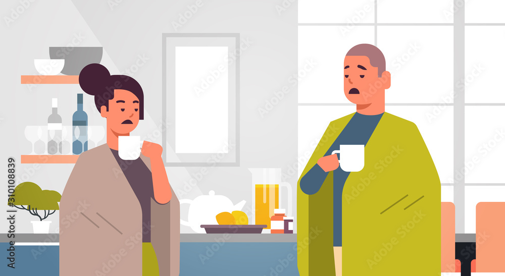 Fototapeta premium sick couple drinking hot tea unhealthy man woman covered with blanket suffering from cold flu virus illness concept modern home kitchen interior flat portrait horizontal vector illustration