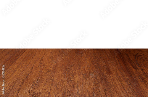 Empty wood floor perspective table top isolate on white background