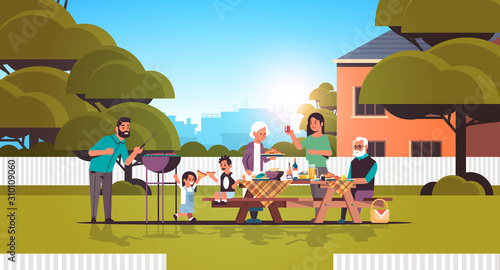 multi generation family preparing hot dogs on grill happy grandparents parents and children having fun backyard picnic barbecue party concept flat full length horizontal vector illustration