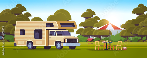 outdoor grill with picnic table and camping trailer summer barbecue party campsite landscape background flat horizontal vector illustration