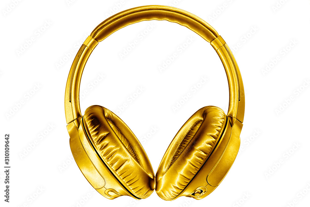 Golden shiny wireless headphones on white background isolated closeup,  expensive gold metal bluetooth headset, modern high end wi-fi yellow  earphones, audio music symbol, stereo sound electronics sign Stock-Foto |  Adobe Stock