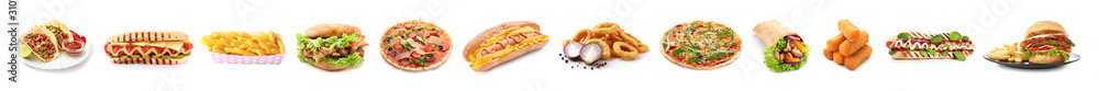Fototapeta Set of different fast food products on white background