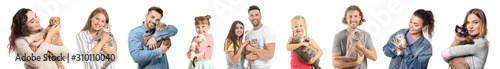 Different people with their cats on white background