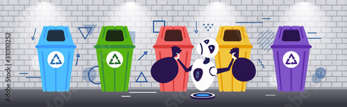 modern robot putting garbage bags in different types of recycling bins segregate waste sorting management artificial intelligence concept sketch horizontal full length vector illustration