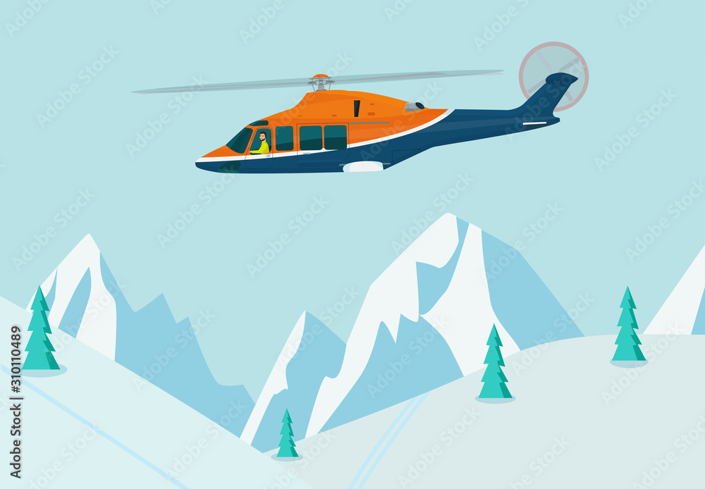 Helicopter with pilot flies over snow-capped mountains. Vector flat style illustration.