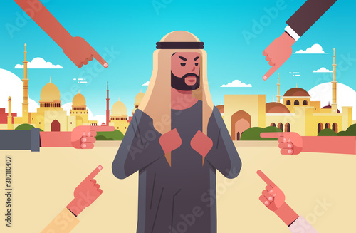 depressed arab man being bullied surrounded by hands fingers mocking him peer violence bullying social anxiety concept muslim cityscape background flat portrait horizontal vector illustration