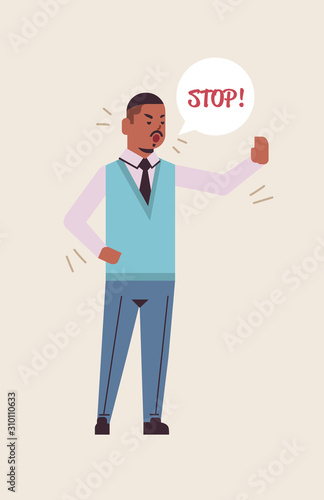 angry man saying STOP speech balloon with scream exclamation negation concept furious screaming african american character showing stop gesture flat full length vertical vector illustration