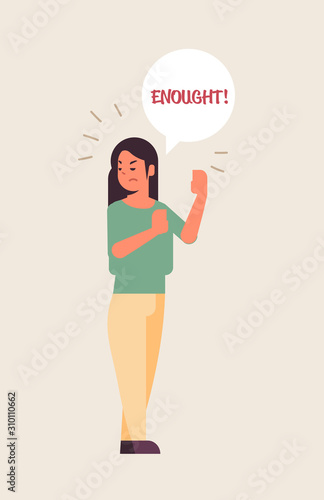 angry unhappy woman saying ENOUGH speech balloon with NO scream exclamation negation concept furious girl showing stop gesture flat full length vertical vector illustration