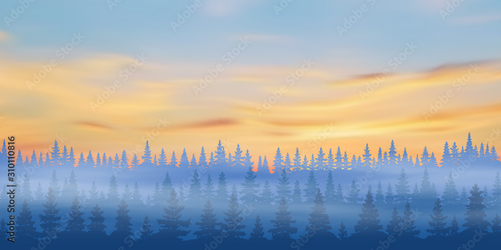 Fantasy on the theme of the northern landscape, a bright sunset in the Siberian taiga, vector illustration, EPS10
