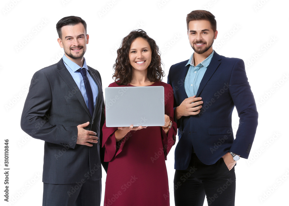 Portrait of young business people with laptop on white background Portrait of young business people with laptop on white background