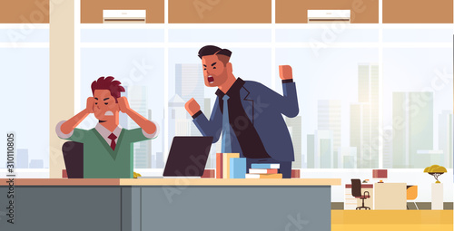 angry boss shouting at male sad employee stress at work emotional pressure business conflict concept furious businessman yelling at manager modern office interior flat horizontal vector illustration