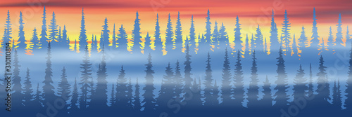 Fantasy on the theme of the winter landscape. Sunset sky, forest and snow drifts. Vector illustration, EPS10