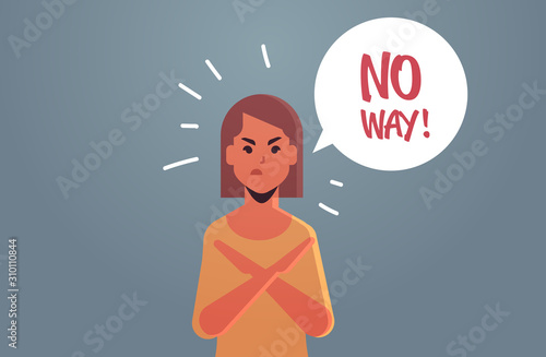 angry unhappy woman saying NO WAY speech balloon with NO scream exclamation negation concept furious girl with crossed arms gesture flat portrait horizontal vector illustration