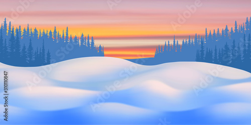 Fantasy on the theme of the winter landscape. Dawn sky, forest and snow drifts. Vector illustration, EPS10