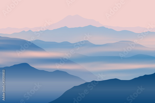 Fantasy on the theme of the morning landscape, sunrise in the mountains, vector illustration