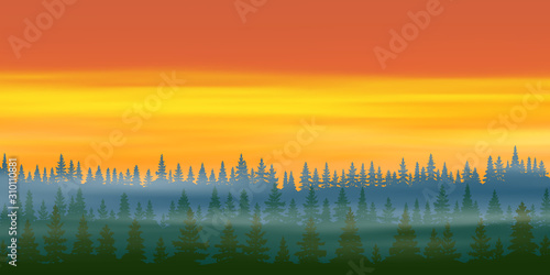 Fantasy on the theme of the northern landscape, a bright sunset in the Siberian taiga, vector illustration, EPS10