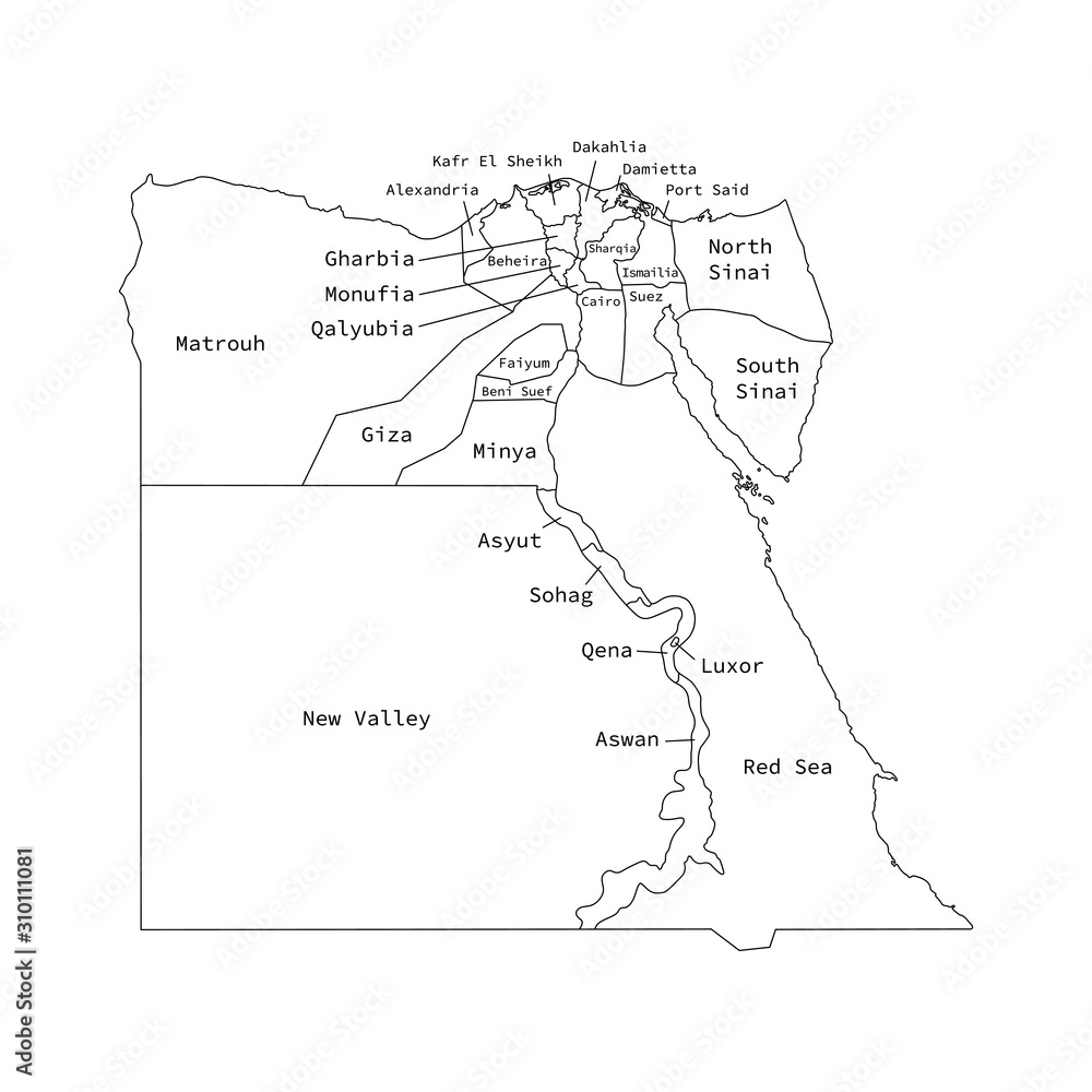 Vector outline administrative division map of Egypt. Vector map.
