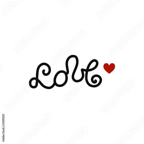 Lettering LOVE with a heart symbol. Black note with red heart on white background. Perfect for Valentine's Day postcards and decorations. Cozy, festive mood.