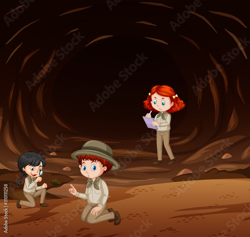 Three kids exploring nature in the cave