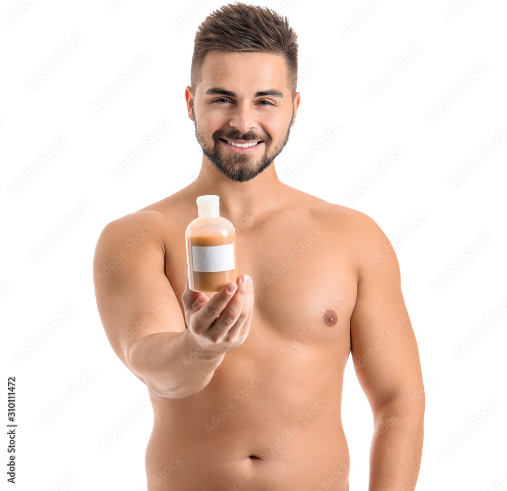 Handsome young man with cosmetic product on white background Handsome young man with cosmetic product on white background