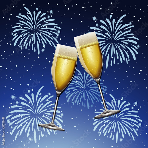 Background with two glasses of champagne and fireworks