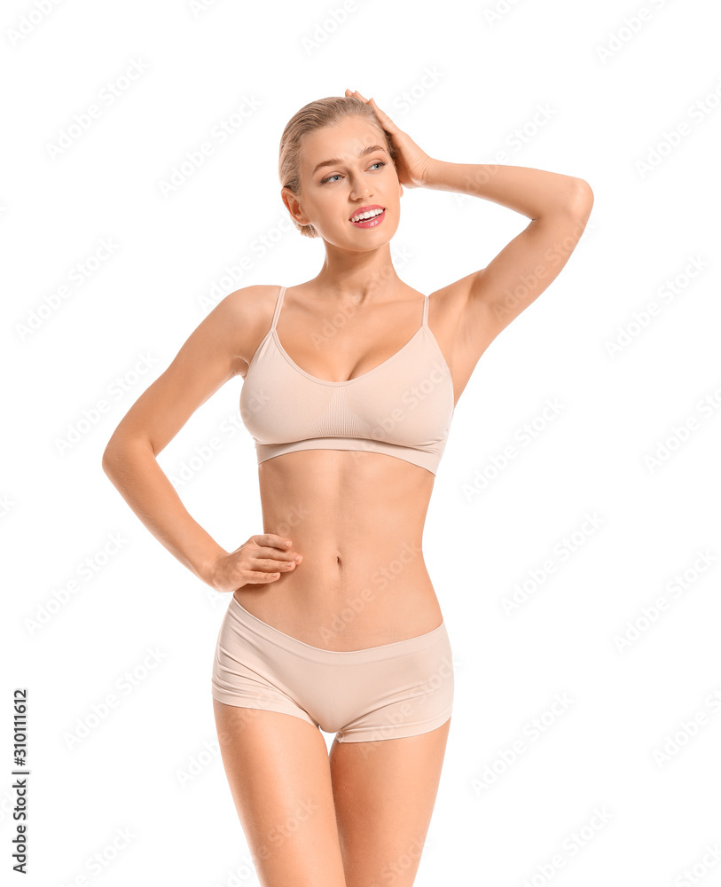Beautiful young woman in underwear on white background Beautiful young woman in underwear on white background