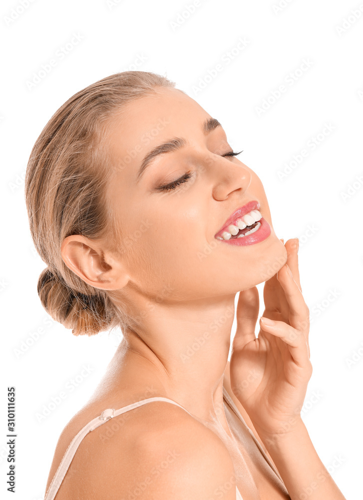 Beautiful young woman in underwear on white background Beautiful young woman in underwear on white background
