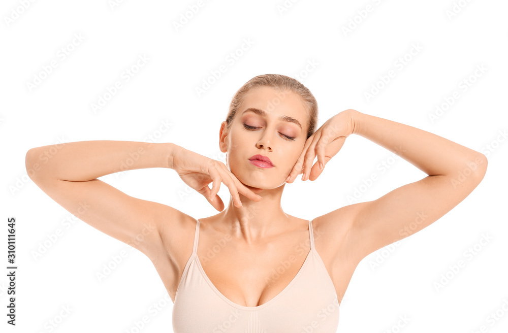 Beautiful young woman in underwear on white background Beautiful young woman in underwear on white background