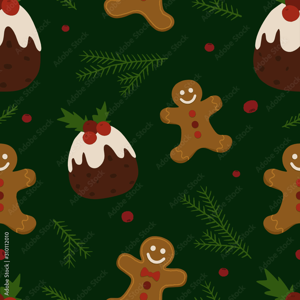 Seamless Christmas background from English puddings and gingerbreads. Perfect for Christmas cards, decorations, invitations, banners, labels, gift paper. Festive, cozy atmosphere. Seamless Christmas background from English puddings and gingerbreads. Perfect for Christmas cards, decorations, invitations, banners, labels, gift paper. Festive, cozy atmosphere.