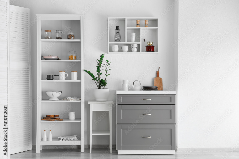Interior of kitchen with modern shelves Interior of kitchen with modern shelves