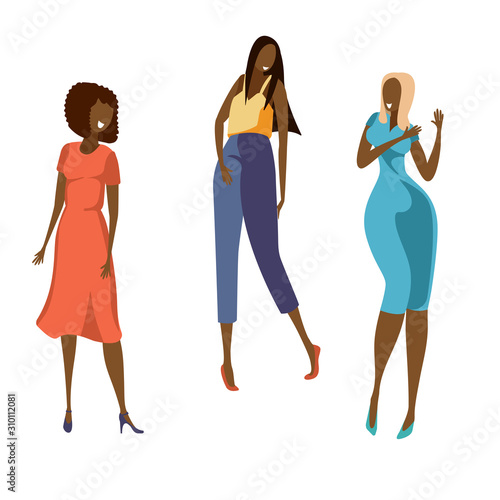 MThree young African American women in bright light clothes are dancing merrily. Characters isolated on white background.