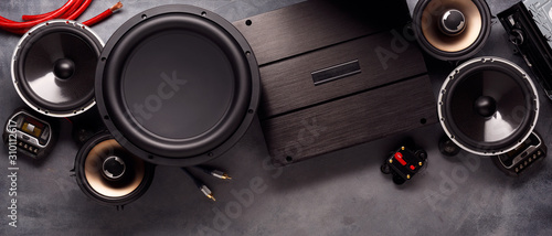 car audio, car speakers, subwoofer and accessories for tuning. photo