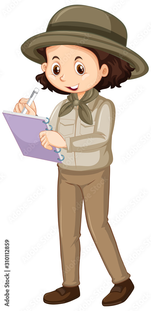 Girl in brown unifrom writing on white background Girl in brown unifrom writing on white background