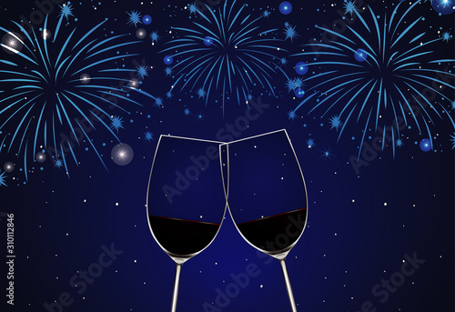 Background with two glasses of champagne and fireworks